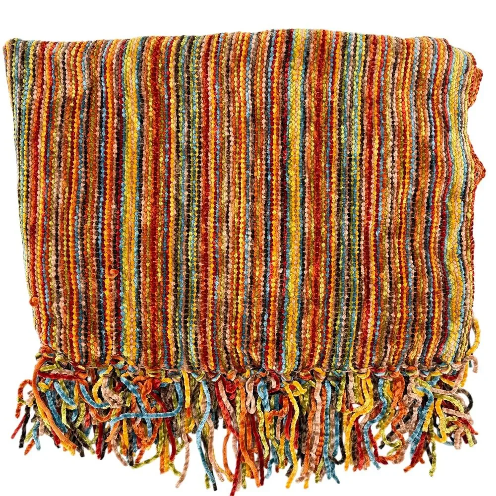 Pier 1 Imports Chenille Throw Blanket 72x56 Multicolor Striped Fringe 72 X 56